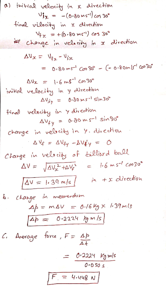 a) iniHal velociy in x daivecdion -(0.8o M cos 30 final vilocity in x divection Vx =+(0.80 mc) cos 30° Chonge in vels city in
