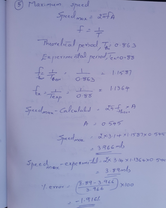 Maximum spe ed Spe elwor Theorelcal peved T 63 the Faperime ntal perod, 3 115 87 hor hear O.863 1364 Tesp O88 Speecman-Caleul