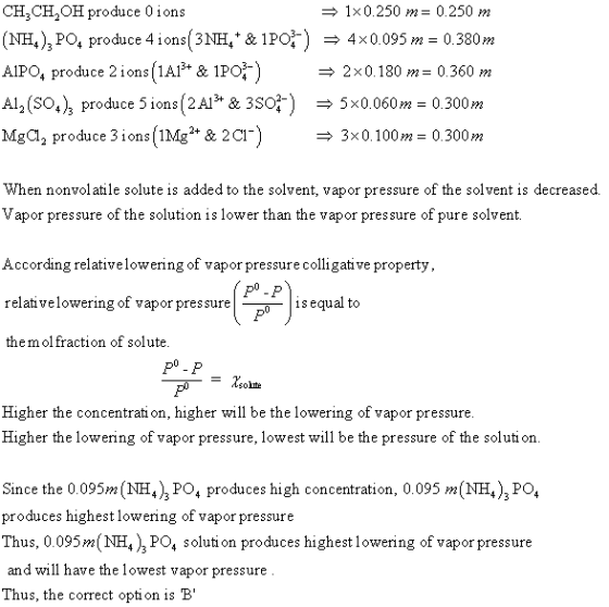 CH,CH,OH produce Oions => 1X0.250 m= 0.250 m (NH.), PO, produce 4 ions( 3NH,+ & 1P03-) = 4x0.095 m = 0.380 m AIPO, produce 2