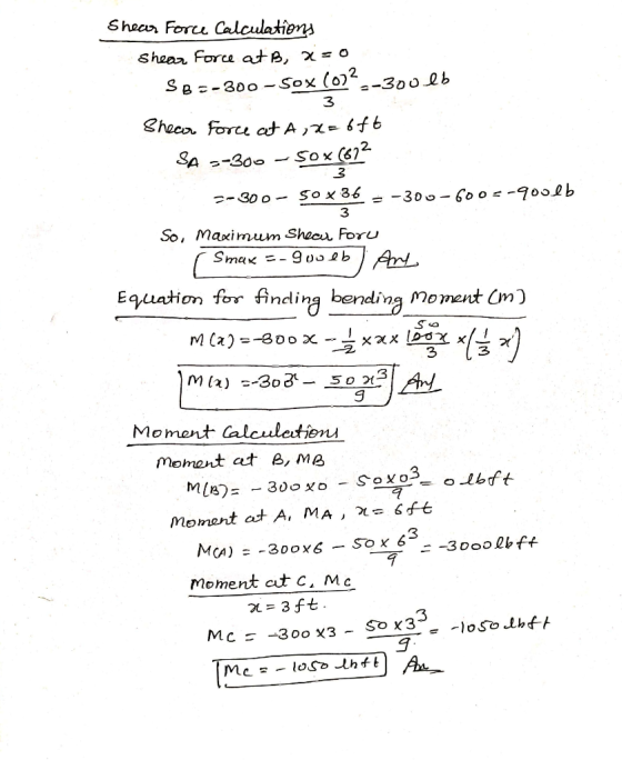 Shear Force Calculations Shear Force at B, X=0 SB=-300 - Sox 1072 =-300 lb -sox (87² So 3 Shear force at A , x=oft SA --300 3