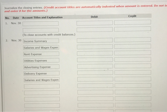 Journalize the closing entries. (Credit account titles are automatically indented when amount is entered. Do not in and enter