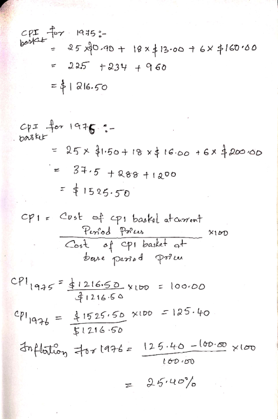 CPI basket ! for. 1995:- - 25x10.90 + 18 * $13.00 + 6* $160.00 = 225 +234 + 960 = $1216.50 basket CPI for 1976: = 25% $1.50+
