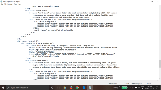 Bootstrap.html - Notepad File Edit Format View Help dy=.3em>Thumbnail</text> </svg> <div class=card-body> <p class=card-