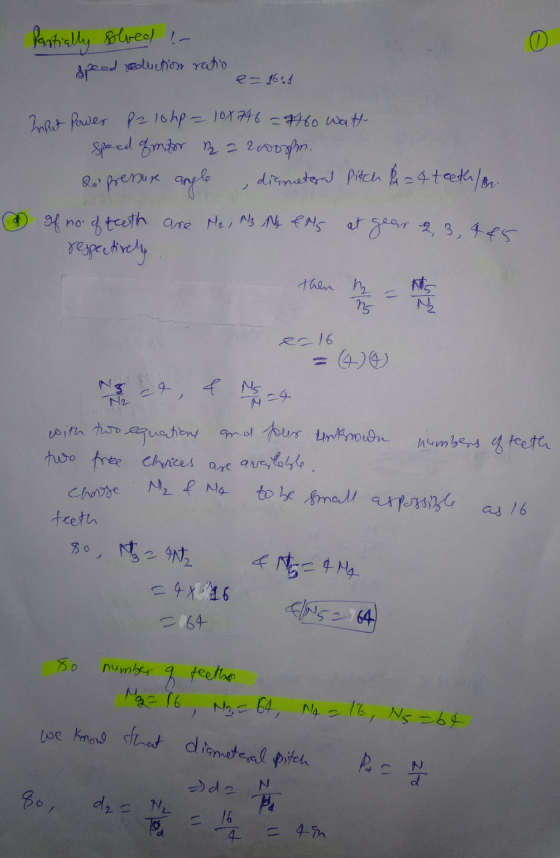 e- 16.1 Ng at & No We know that diameteral pitch Partially solved :- 0 speed zoolution ratio Input Power Palohp = 10x746 = 71