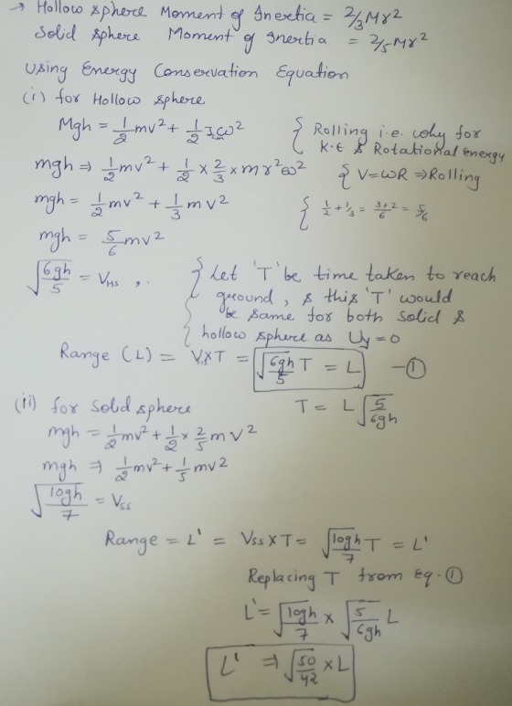 & Hollow sphere Moment of Inertia = 2%M82 solid sphere Moment of inertia = 3%98² using Energy Conservation Equation (i) for H