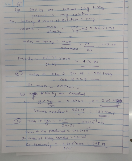 Q. No. - (a) 20x by wwt means 20g Firoz present in loog solution. so taking mass of solution = loog. maso a - Too me - 66.67m