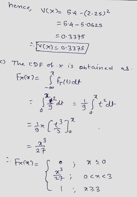hence, VCX = 5.4-(2.25) = 5:4-50625 = 0.3375 -- 100%) = 0.3375) -C) The CDf of .x is obtained as. Excala § faltselt Este de 5