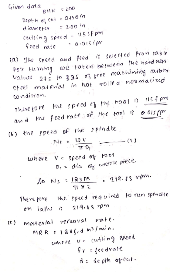 Given data BHN - 200 Deplein of cut : 0,150 in 200 in cutting speed 1155Fpm = 0.015 pr diameter feed rate for turning oo olsi