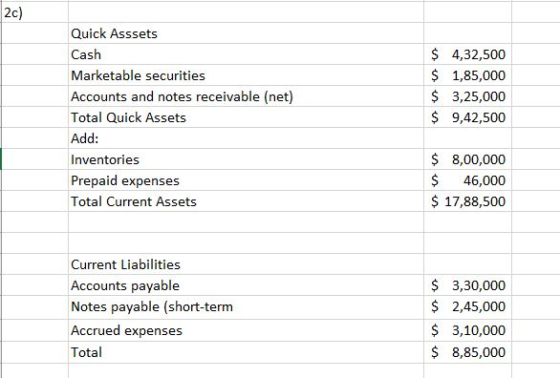 2c) Quick Asssets $ 4,32,500 $ 1,85,000 $ 3,25,000 $ 9,42,500 Cash Marketable securities Accounts and notes receivable (net)