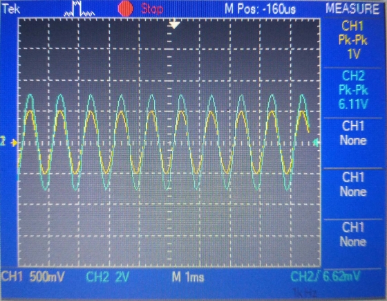 Tek M Pos: -160us MEASURE CH1 Pk-Fk 1V CH2 Pk-Pk 6.11V CH1 None CH1 None CHI None CH1 500mV CH2 2V M Ims CH2 6. 6V