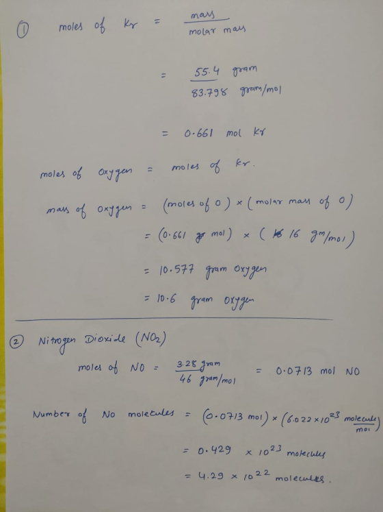mars moles of Kr molar mavs 55.4 Tram 83.798 Trm/mo) mol Kt 0-661 Moles moles of Oxan of o) (amoles of o)x mu/ar maM X W 16 7
