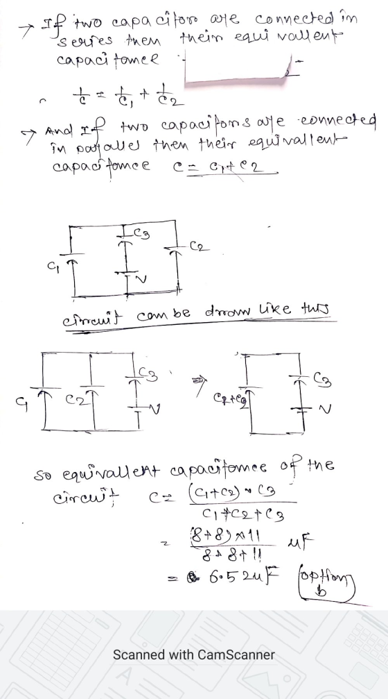 → Iof two capacitore are connected in serres Amen thein equi vallent capaci tomee Ć = to the And if two capacifons are connec