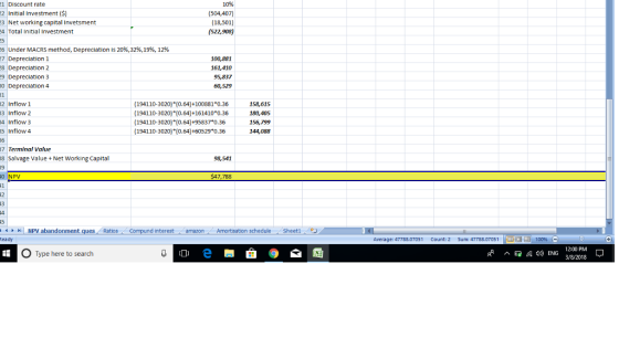 10% (504,407) (18,501) (522,908) 1 Discount rate 22 Initial Investment (S) 3 Net working capital Invetsment 4 Total Initial I