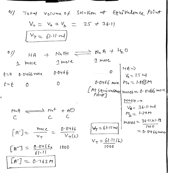 Solution atEquiValence Point Tot Volume of 25 361 Va V VT61.11 Na A HO Na OH HA 1 mole 1mole mole HA=> 0-о466 t o 0.0466 mole