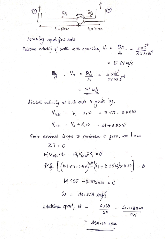 hi - 50cm 4 35 con А, ах 3х б“ Essuming equal flow sali Relative relocity of watu with spocitler, Vi = = 21x102 = 51.67 m/s m