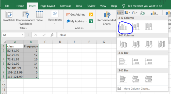 Home Insert Page Layout Tell me what you want to do File Formulas Data Review View Help Get Add-ins Recommended2-D Column Cha