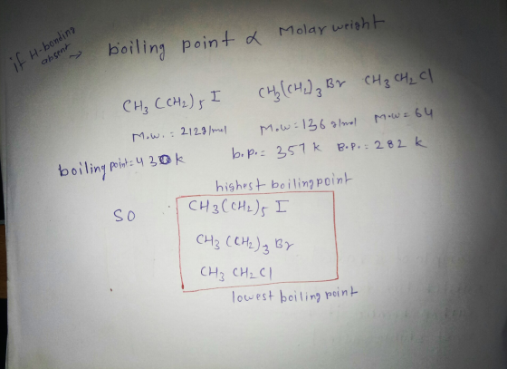 Molar weight Hobo boiling point a boiling -H-bonding absent → CH₃ C CH 2), I CH (CH) z Br CH₂ CH₂ cl Mow.: 2129/mol Mow=126 a
