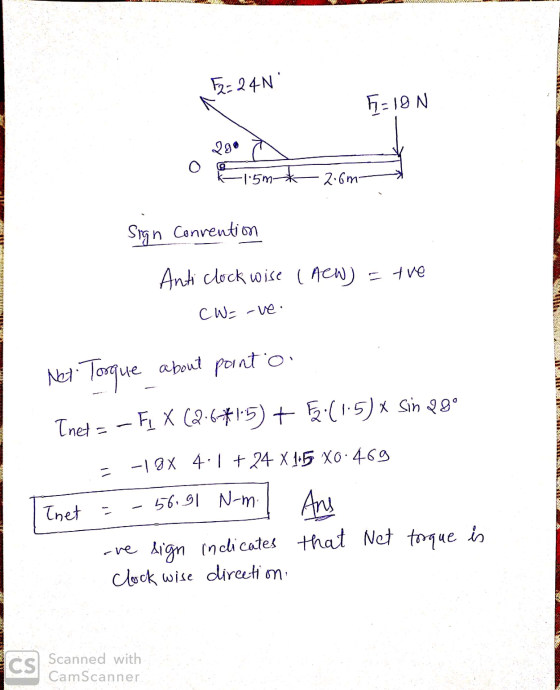 52-24N F-10 N 28° O -1.5m-* 2.6m Sign Convention Anti clock wise (new) = tve CW=-ve. Net Torque about point o Tnet -- F1 X 12
