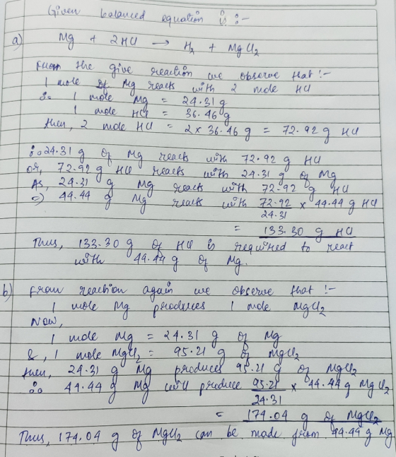 Given balanced equation is on M9 t 2ңа ә н, + Мая ц, Fluor the give reaction we observe I mole of Mg reacts with a mole 4. І