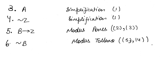 3. A Y. ~2 simpufication U) simplification as Modus Pones (12), (3)) Modus Tollens (153,141) 5. B->Z 6 ~B