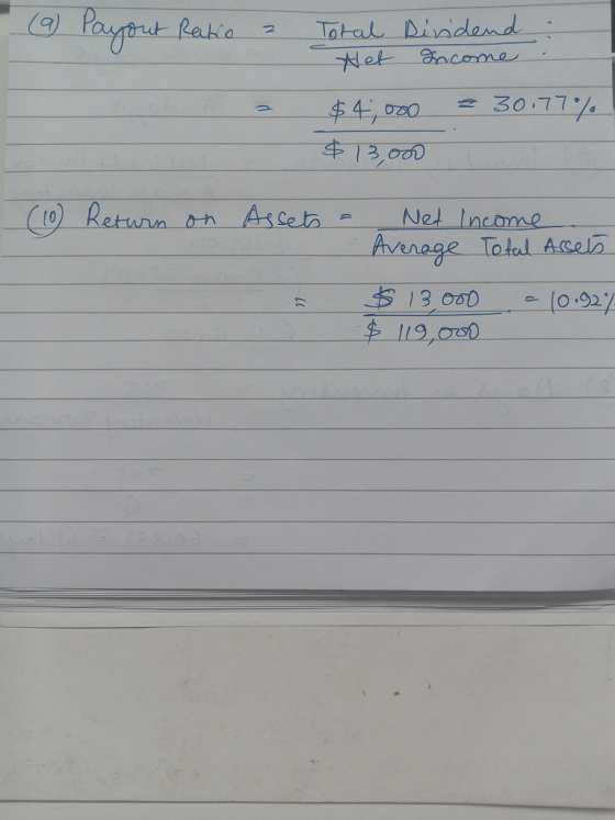(a) Payout Rakro a Total Dividend Net Income $4,000 = 30.77% $ 13.000 (10) Return on Assets - A Net Income Average Total Asse