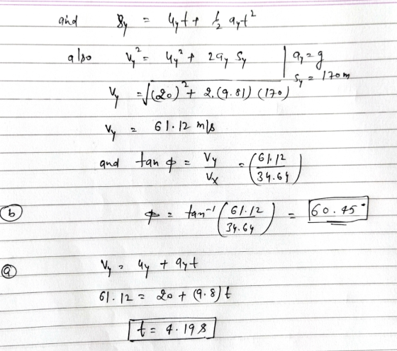2 17om and 8y = lytt & aut - also y = 4y + 2ay sy 1929. ✓ 102.) + 2,69.81) (170) Vy a 61.12 m and tan & = V (61 ) and Stan 34
