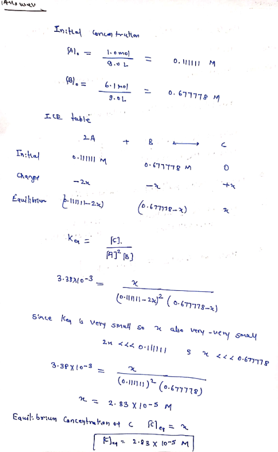 AMweV - Initial concentration Al. = 1.mol B. = 6 mol 9.0L 0.677778 M I CE table ..2A + B Initial 0.111111 M 0.677778 M Change
