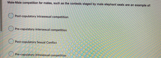 Male Male competition for mates, such as the contests staged by male elephant seals are an example of: Post-copulatory intras