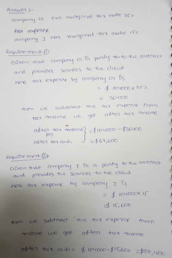Answer :- company G has marginal tax robe 35%. Han eruperose tax rate 15%. marginal company J has Requirement o Given that co