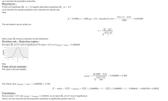 Let p denotes the population proportion. Hypotheses : To test null hypothesis H :P < 0.5 against alternative hypothesis H1 :p