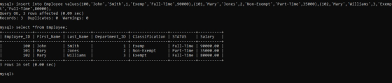 mysql> insert into Employee values (100,John, Smith, 1, Exemp, Full-Time,90000),(101, Mary, Jones, 2, Non-Exempt