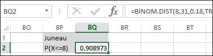 BQ2 X f r =BINOM.DIST(8,31,0.18, TR BS BT BO BQ BR BP Juneau P(X<=8) 0.908973