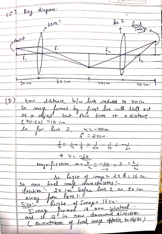 tol Ray diagram: lens! lns 2 find image 1 s object Cariert fi fa fi 300m form. Toom ५०m. (cm. To 10 how distance blu lens red