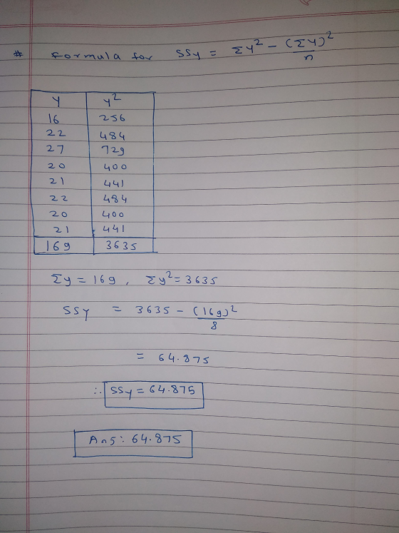 242- (24) SSy %D * formula for Y 16 256 22 27 ५५ 129 ५०० 20 2) 22 ५५) 484 ५०० 441 20 21 169 3635 29 - 169, 22- 3635 SSY 3635