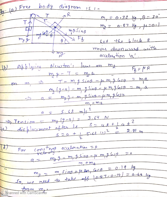 Ins. (a) Free m9 free body diagram is a m-032 kg 0-30° my = 0.87 kg, 45ool - maglio o od Ff het the block 2 moves down ward w