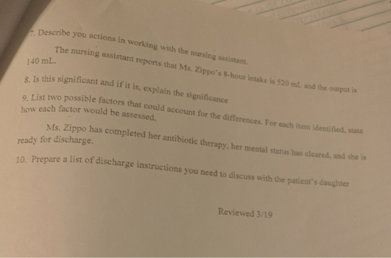 7. Describe you actions in working with the nursing assistant. The nursing assistant reports that Ms. Zippos 8-hour intake i