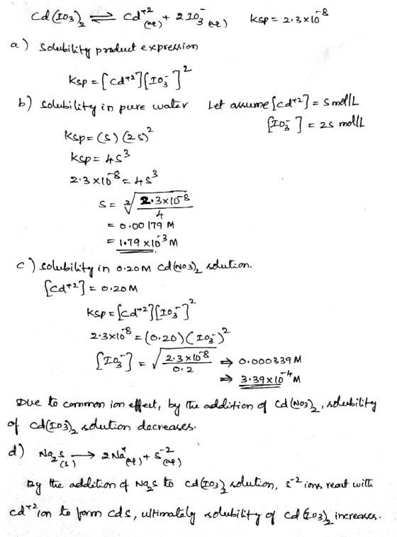 ksp 2.3xlo a) Solubikt praduct e xepresaion kspfcao b) Lolubi ty in pure waler Let auume scdri7 = smelL Ksp Cs) ksp 3 2-3 xb-