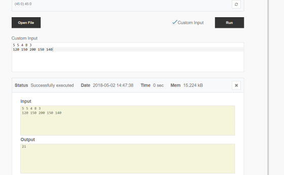 (45:0) 45:0 Open File Custom Input Custom Input 55483 120 150 200 150 140 Status Successfully executed Date 2018-05-02 14:47: