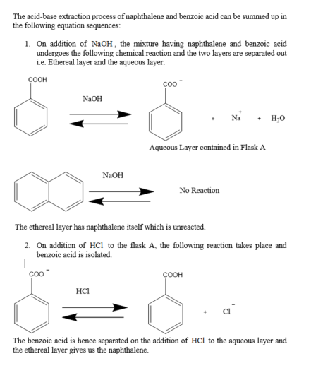 The acid-base extraction process of naphthalene and benzoic acid can be summed up in the following equation sequences: 1. On