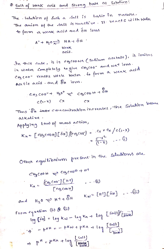 Salt of weak acid and strong base at Solution: The Solution of such a salt is basic in natwie. e anion of the salt is reactiv
