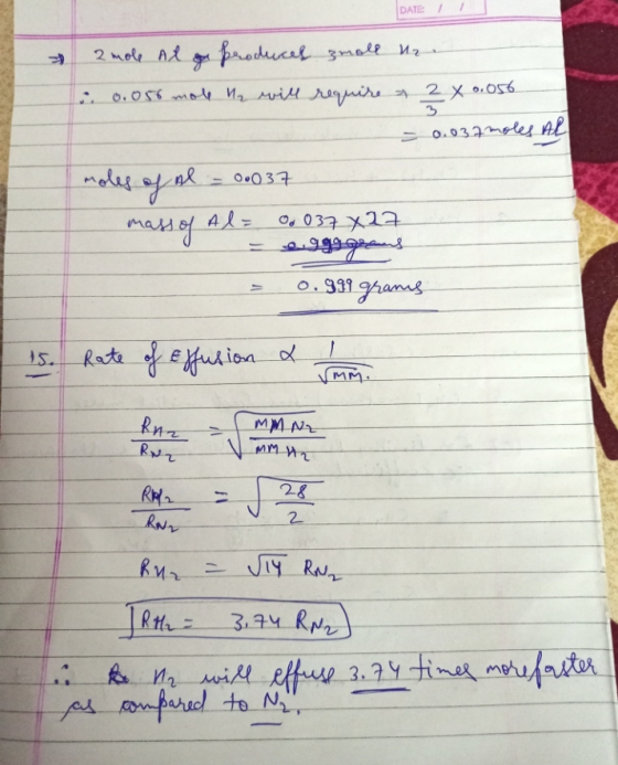 DATE / 2 mole at produces zmoll uza 0.056 mol ₂ will require a 2 x 0.056. = 0.037moles al moles of ne 0.037 mass of Al= Od 03