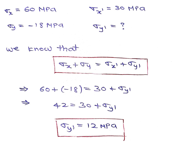 = GO MPa = 30 MPa Ty = -18 MPa Tyl = we know that Tatty = Txitys 60+ (-18) = 30 + tyl 42=304 by Dyla - 12 MPa
