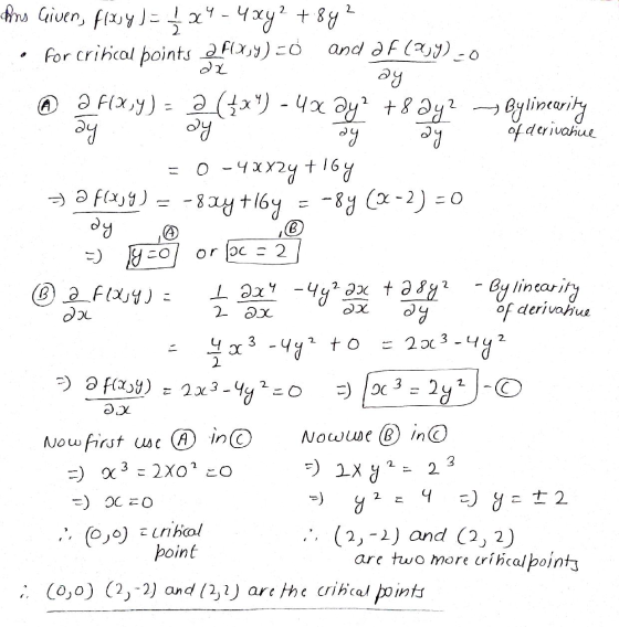 dx «В» Giver f(xy) - 1 x1 - 4x4* + 88 for critical points 2 F(X,Y)=0 and af (29) - 0 да Оə F(x,y) = ә (4х1) - Чx ән? +8 ән? →