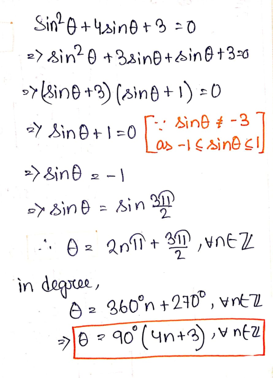 [as Sin20 +4 sino +3=0 2) sin?0 + 3.sino + sin @ +370 >>(Sin +3) (sin +1)=0 27 Sino+1=0 sind € -3 as-16 sinos z> Sint 2-1 sy