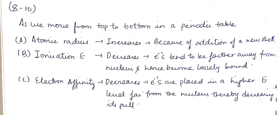(8-10) We move from top to bottom in a penodic table (A) Atomie radius Inereares - Because of addition of a new shell (B) Ion