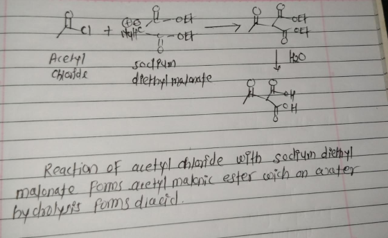 -OEt ott Acetyl CHaid& sadn है + Reaction of auetyoldbloyide th Sadiun diehyl malonate foms aretyl maknic ester aich an aater