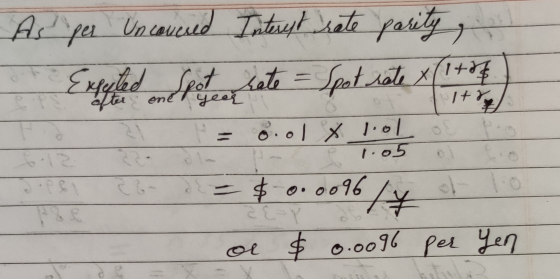 As per Uncovered Interest rate parity ! Elfeled on Sepete sate = Spot rate () = $ 0.0096/y o + o-oo74 ра Чеп E-Y