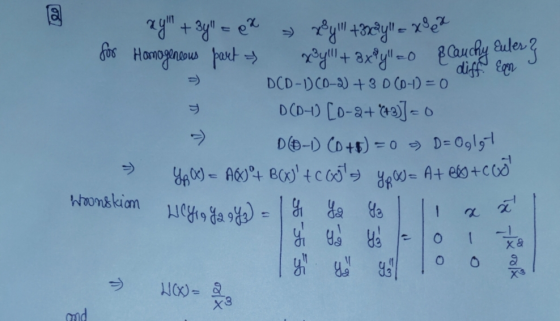 @ xyl + 3y = 2 > g +3cu - xe for Homogeneous part x8yll + 3x²y=0 & Cauchy Euler} diff. En DCD-1) (0-2) + 3 D (0-1) = 0 D(D