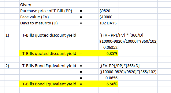 Given Purchase price of T-Bill (PP) Face value (FV) Days to maturity (D) $9820 $10000 102 DAYS T-Bills quoted discount yield