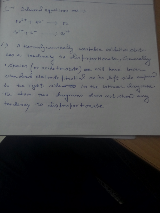 11 Balanced equations are I Feet + ze Fe Co3t te et 12- A thermodynamically wristable oxidation state. has a tendency to disp